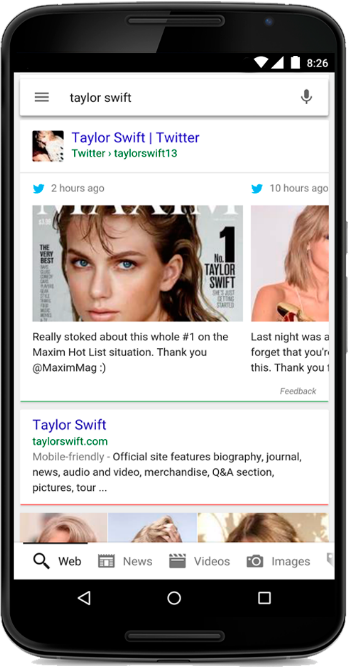 contenuti twitter nelle ricerche di google. Es. Taylor Swift